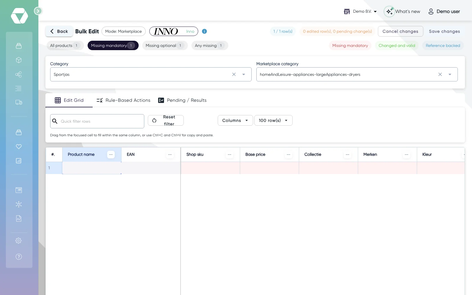 The table of a PIM tab with "Missing mandatory" selected: the empty mandatory cells are red