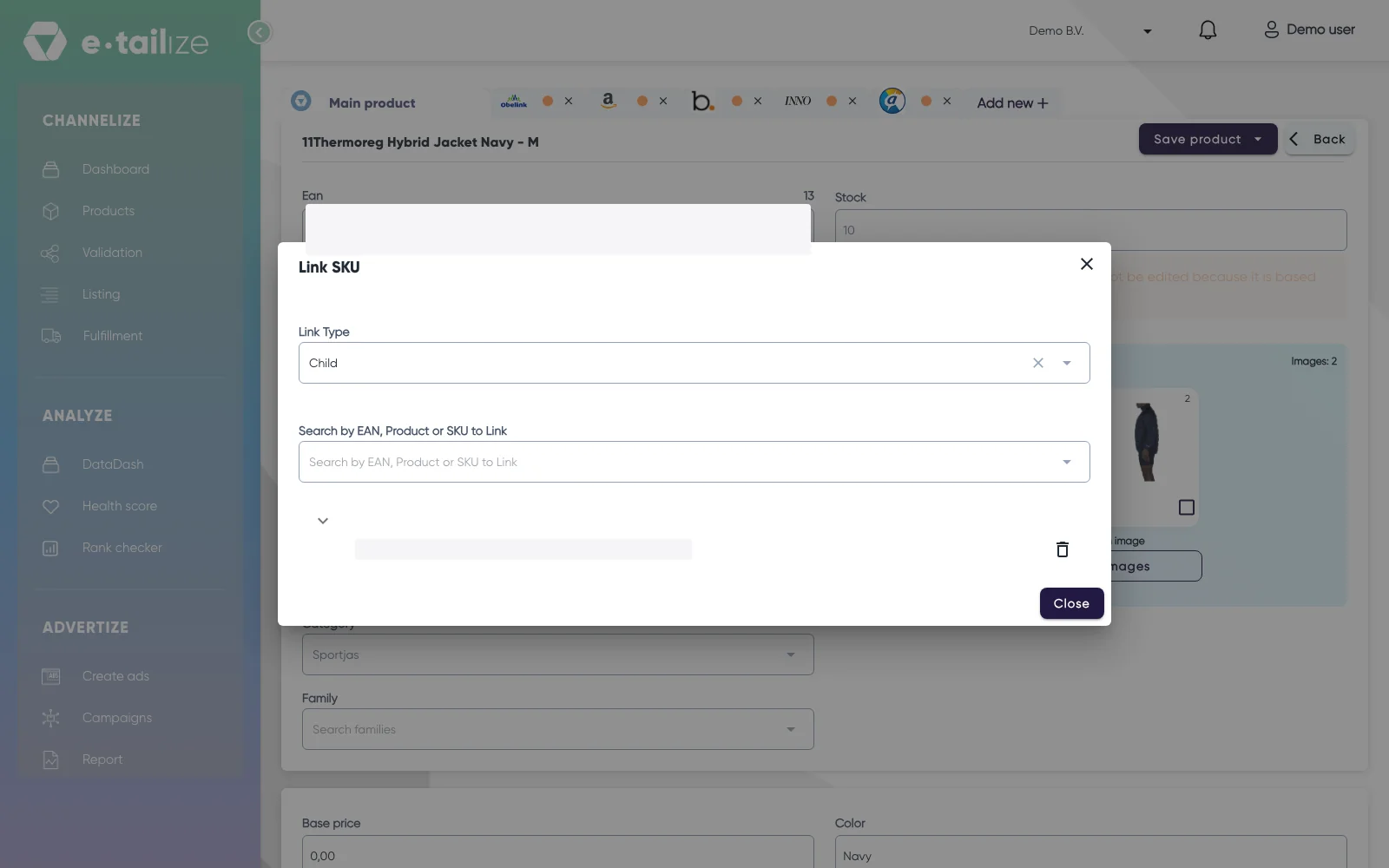 The "Link SKU" dialog with "Link Type" on "Child" and the box "Search by EAN, Product or SKU to Link"