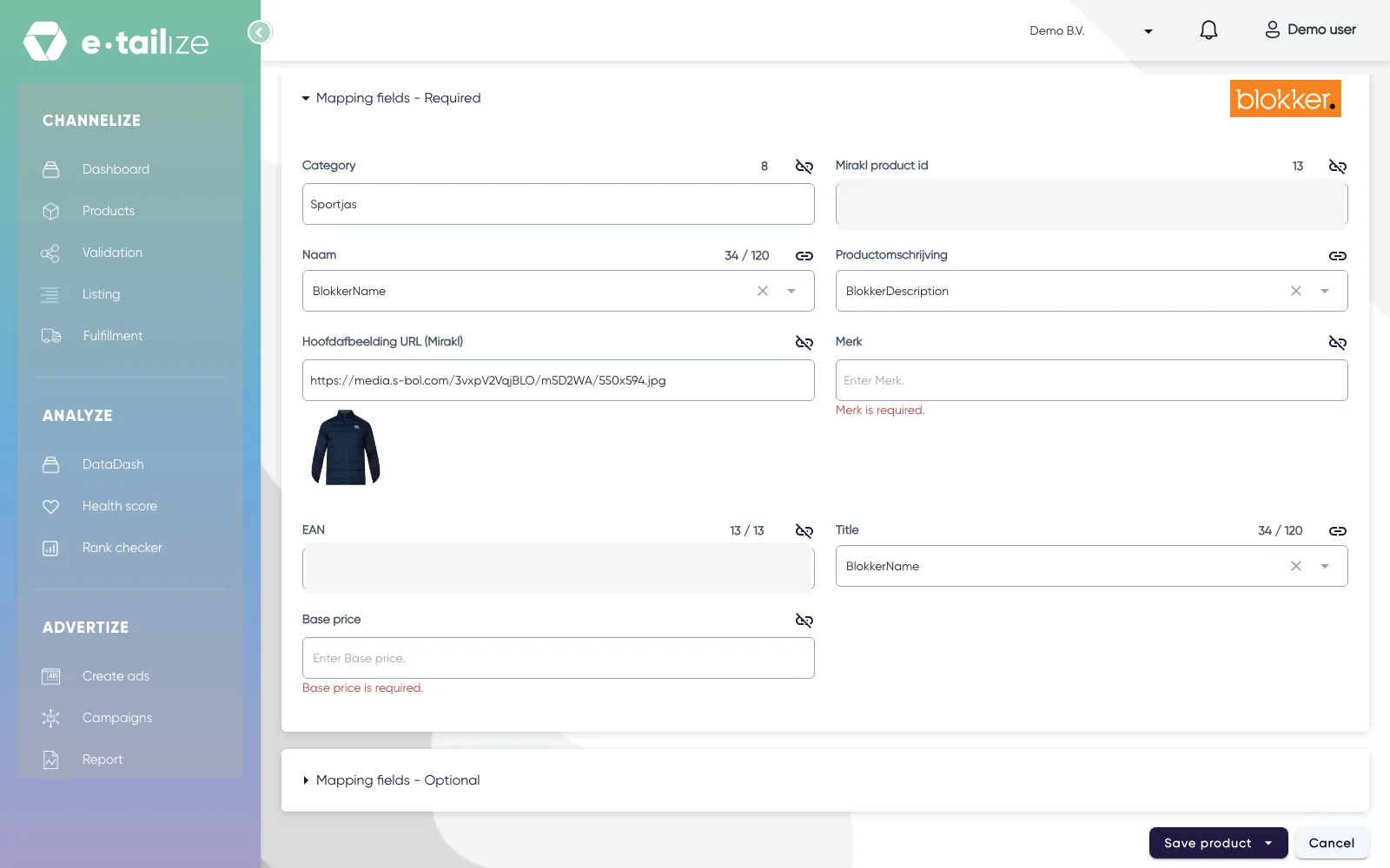 The required mapping fields of a marketplace tab, with typed text in "Category", references in "Naam" and "Productomschrijving", and "Merk is required." under an empty box