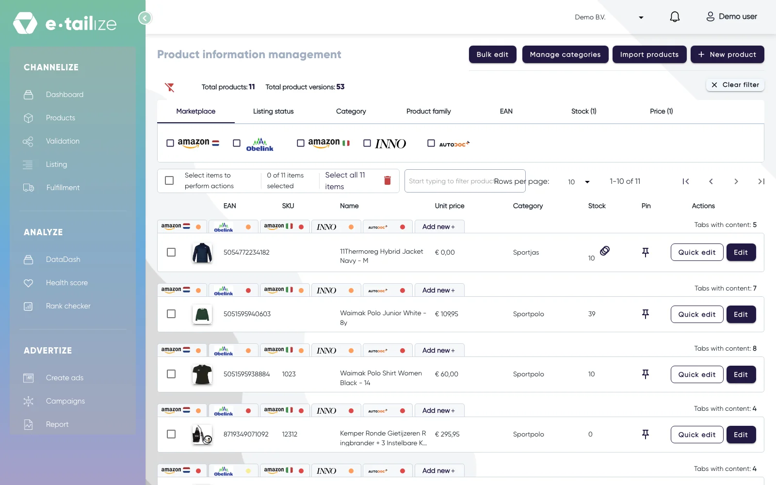 The button "Bulk edit" above the table, next to "Manage categories", "Import products" and "New product"