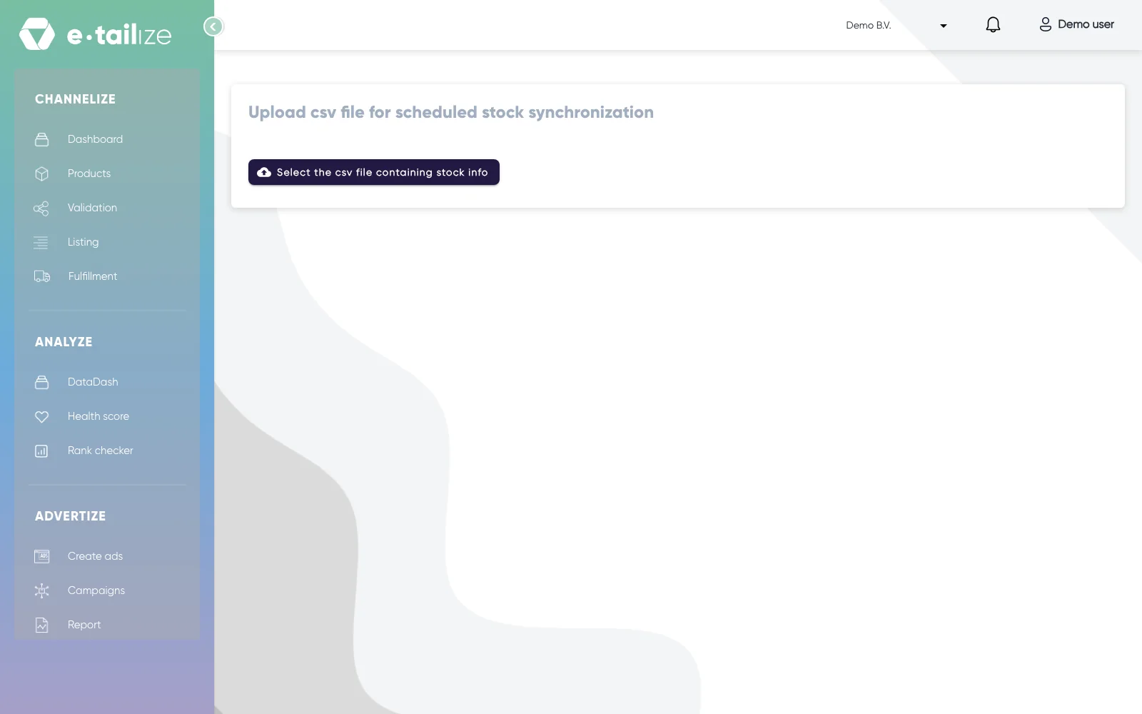 The page "Upload csv file for scheduled stock synchronization" with the button "Select the csv file containing stock info"