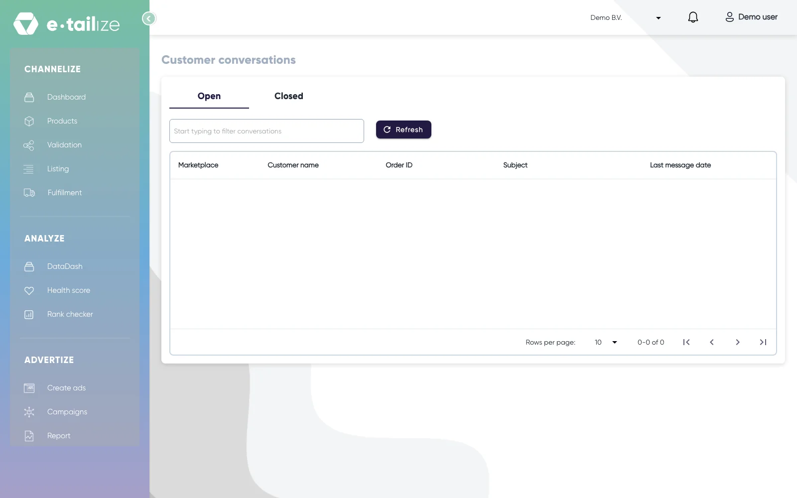 The "Customer conversations" page with the tabs "Open" and "Closed", the filter field and the "Refresh" button above an empty list