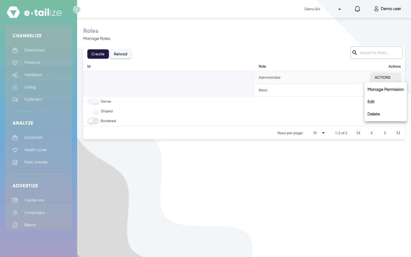 The "Roles" page with the roles "Administrator" and "Basic", and the row menu open on "Manage Permission", "Edit" and "Delete"