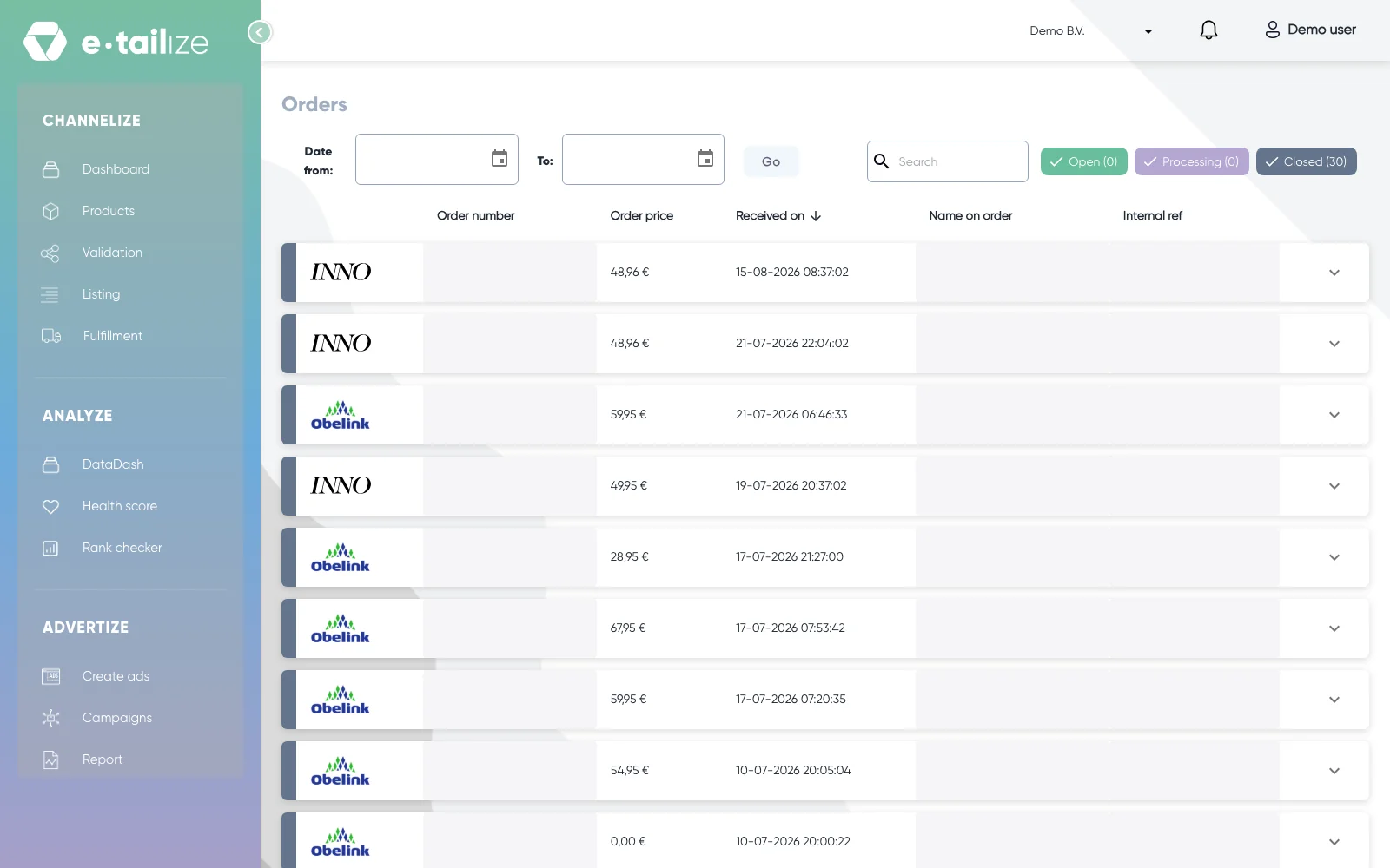 The "Orders" page with the date filter, "Go", the buttons "Open", "Processing" and "Closed", and one row per order