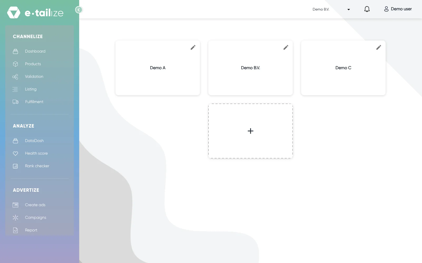The project screen: a card per project, the "+" card for a new one, and the menu on the left
