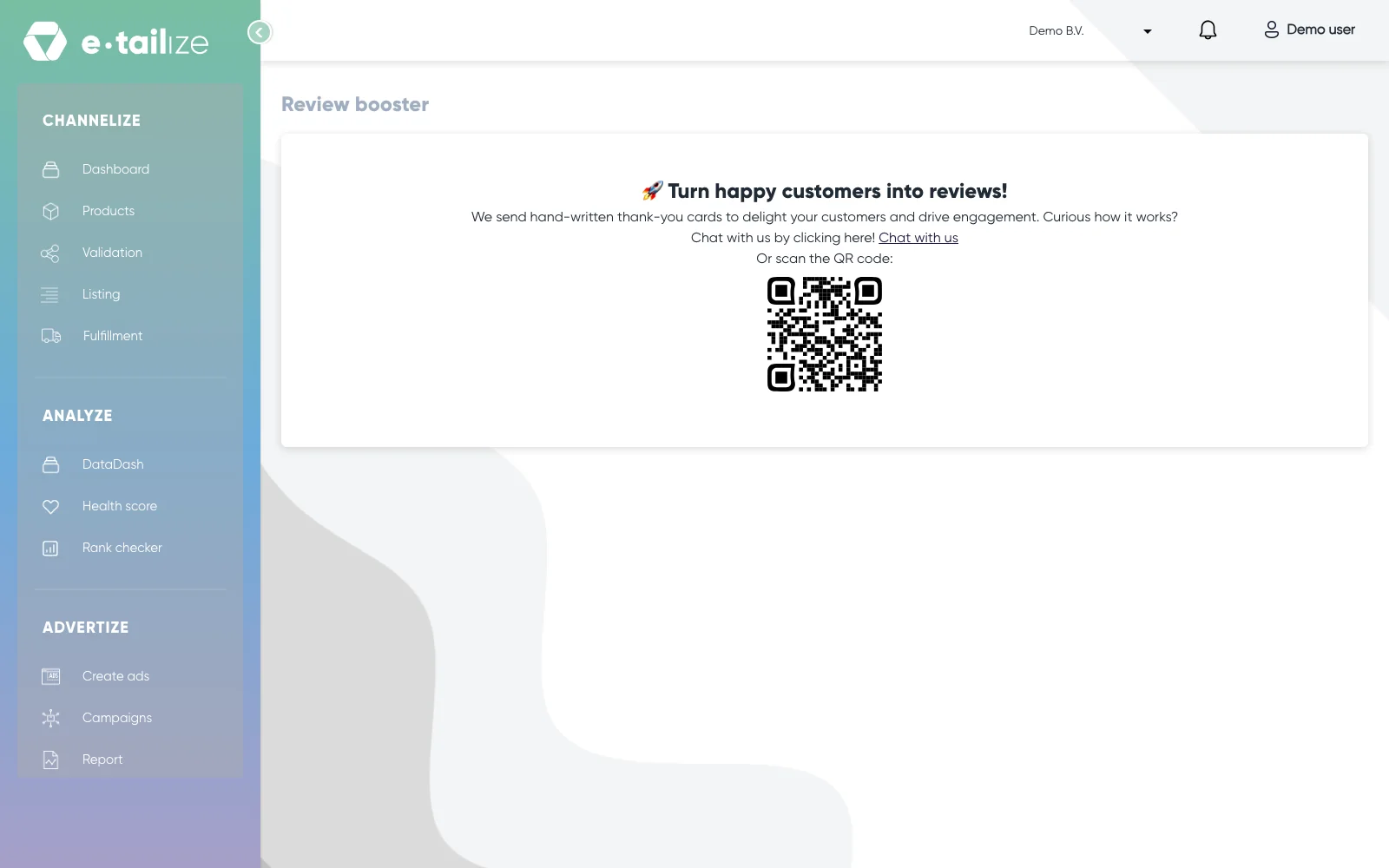 The "Review booster" page with the line "Turn happy customers into reviews!", the link "Chat with us" and a QR-code