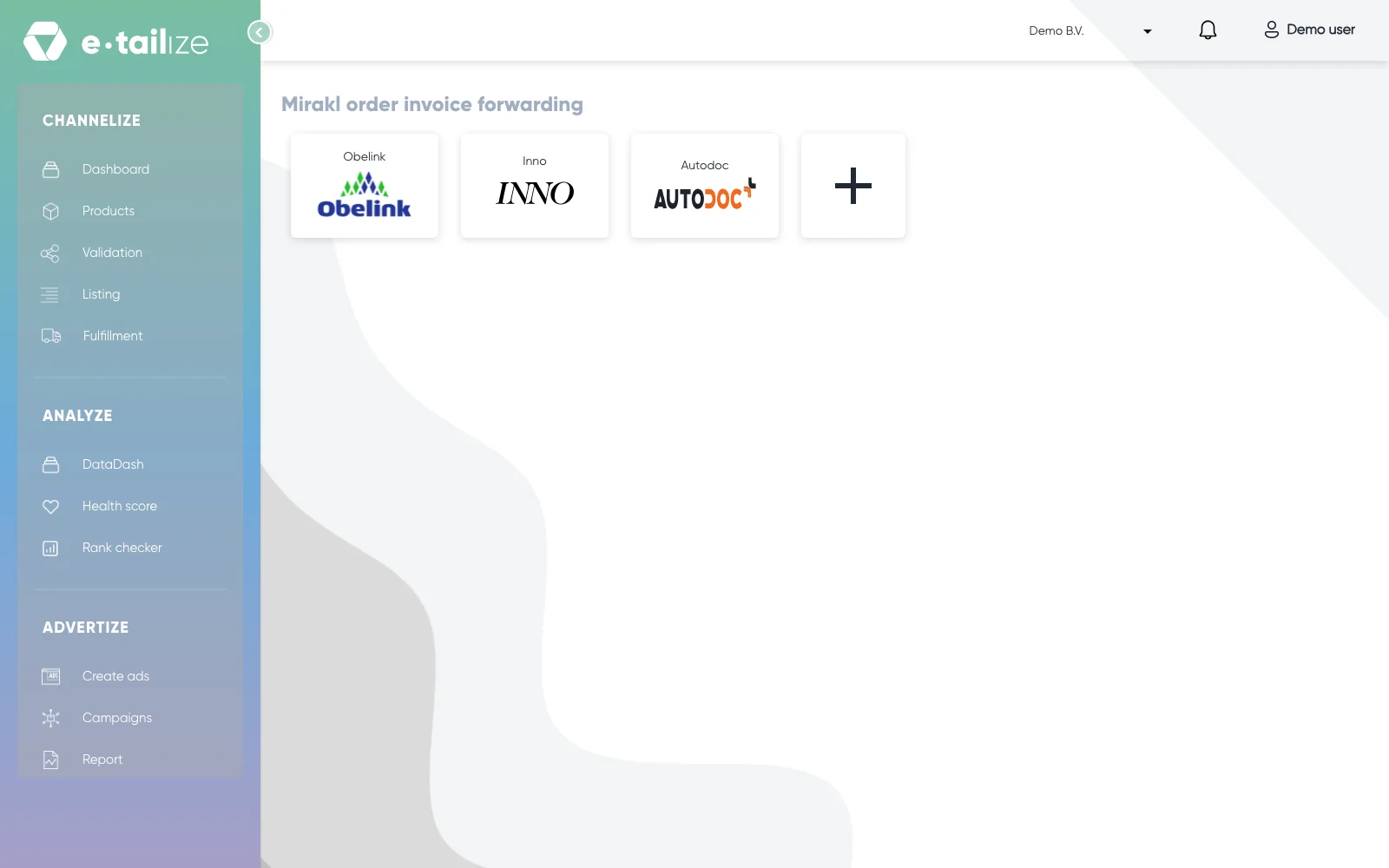 The page "Mirakl order invoice forwarding", with one tile per connection with a Mirakl marketplace