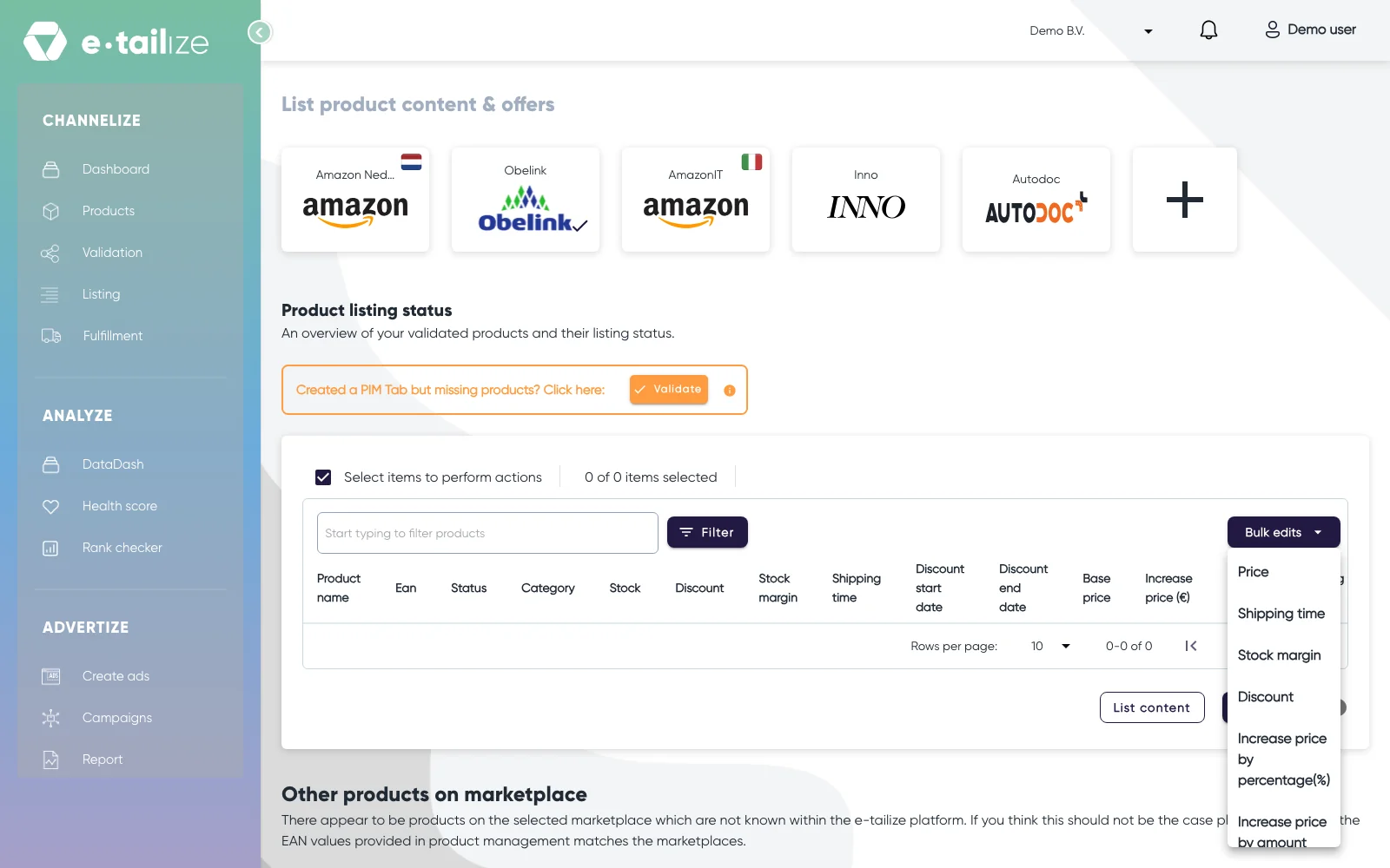 The "Bulk edits" menu open above the listing grid, with "Price", "Shipping time", "Stock margin" and "Discount"