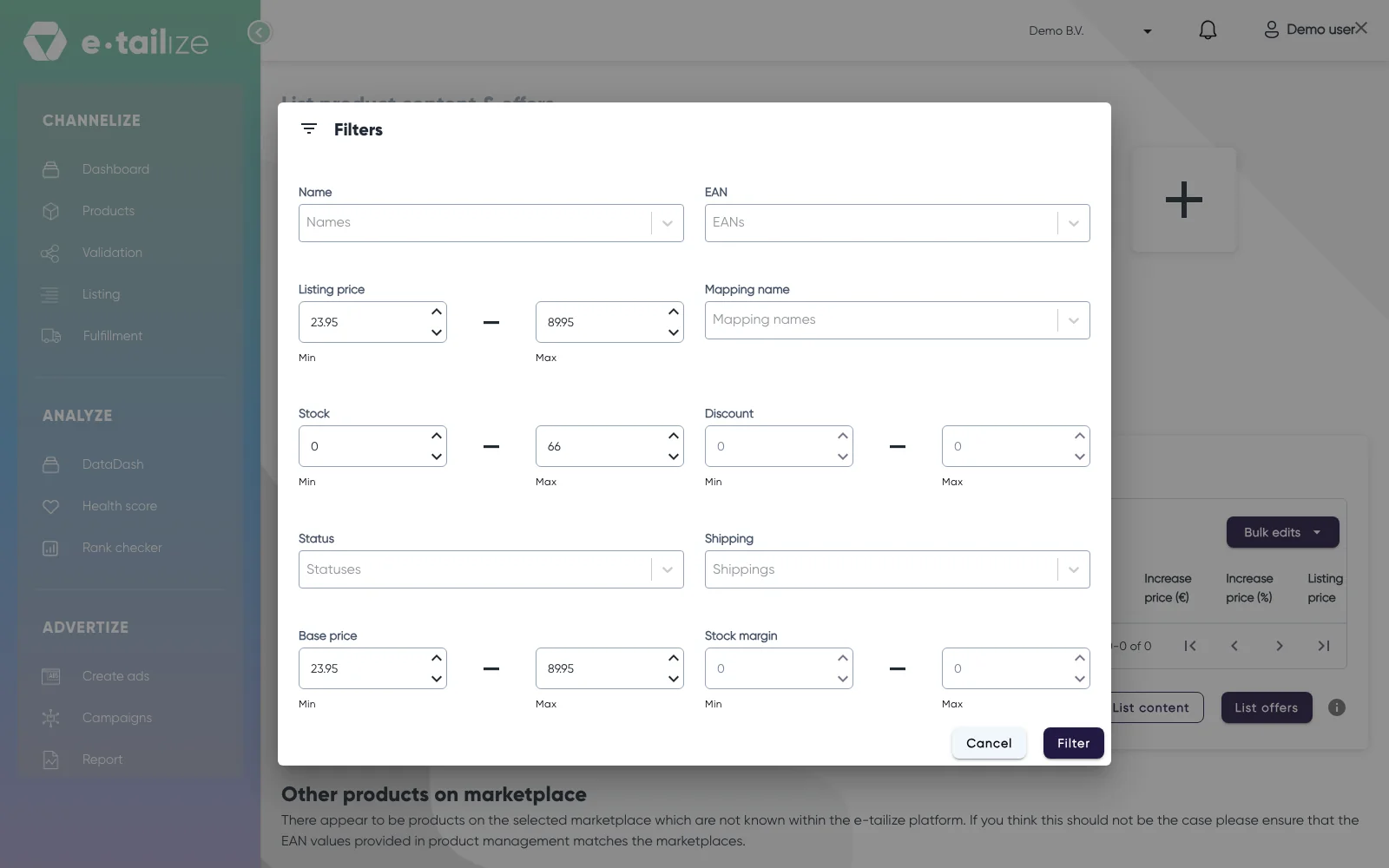 The "Filters" dialog with a minimum and a maximum for "Listing price", "Stock", "Discount", "Base price" and "Stock margin"