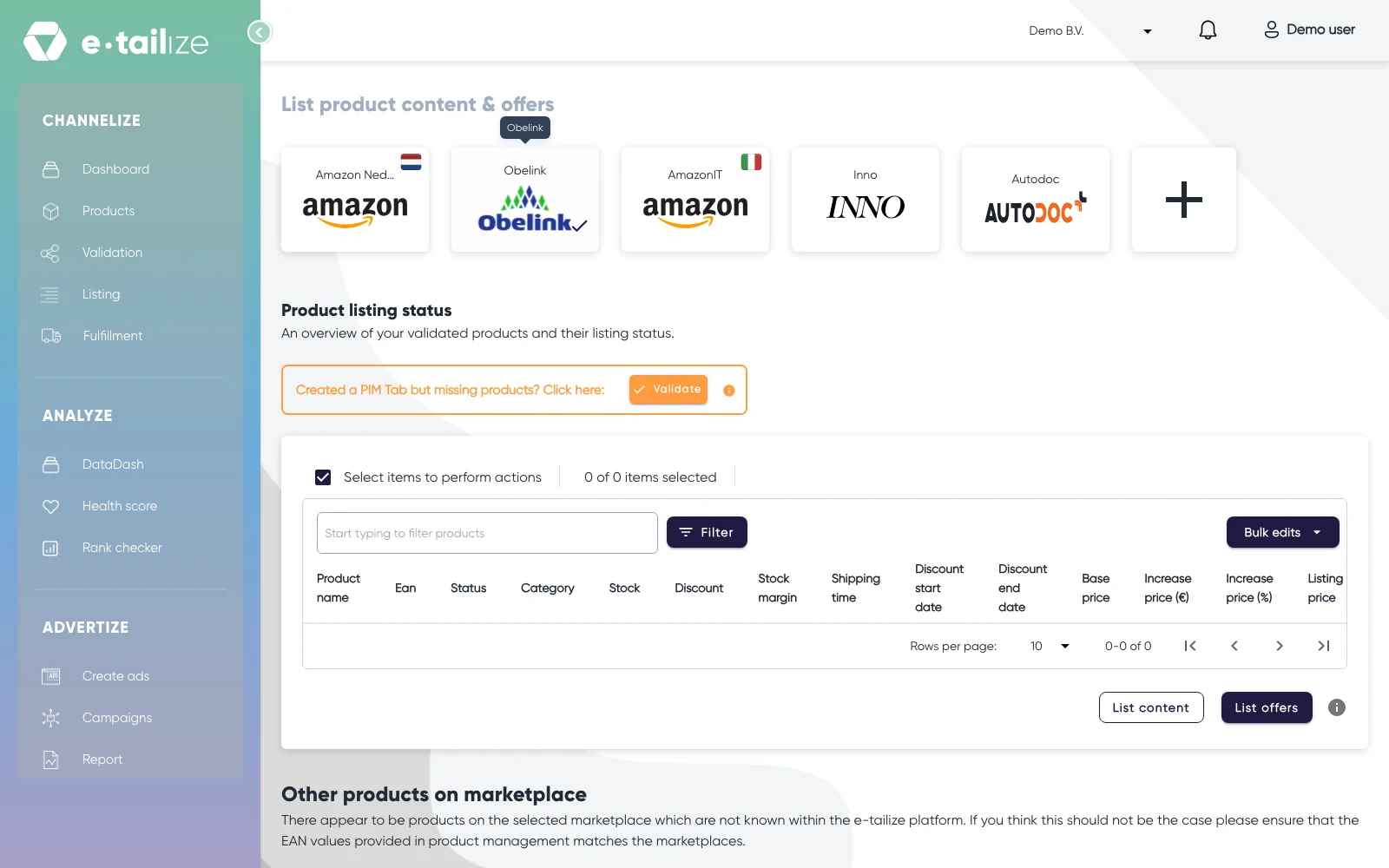The product grid under "Product listing status" for one marketplace