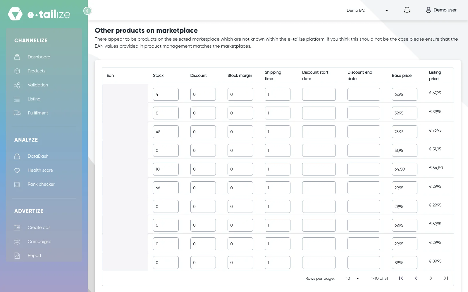The section "Other products on marketplace", with the offers on an EAN e-tailize does not know and their "Stock" and "Stock margin"