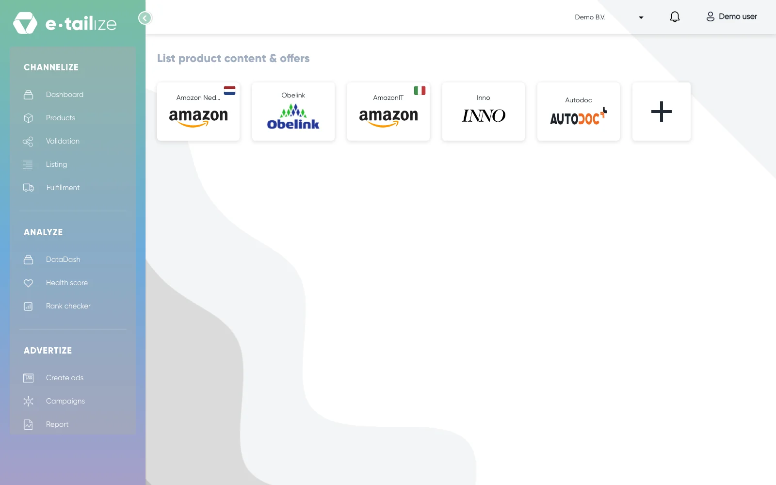 The listing page, with a tile per marketplace connection