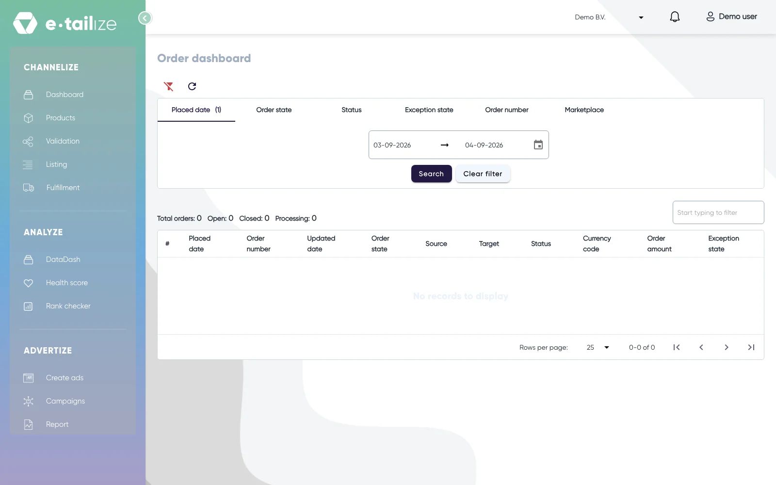 The "Order dashboard" with the tabs "Placed date", "Order state", "Status", "Exception state", "Order number" and "Marketplace", "Search" and "Clear filter", and the column "Exception state" at the right of the list