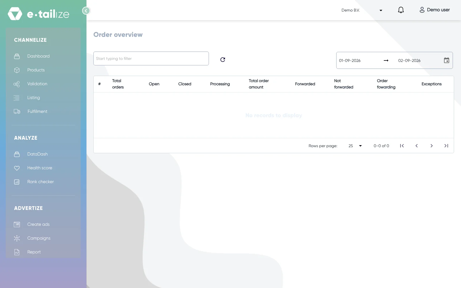 The page "Order overview" with the date range and the column headings of the summary, from "Total orders" to "Exceptions"