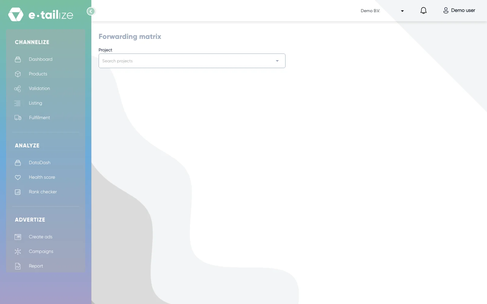The page "Forwarding matrix", with the "Project" box where you pick your project